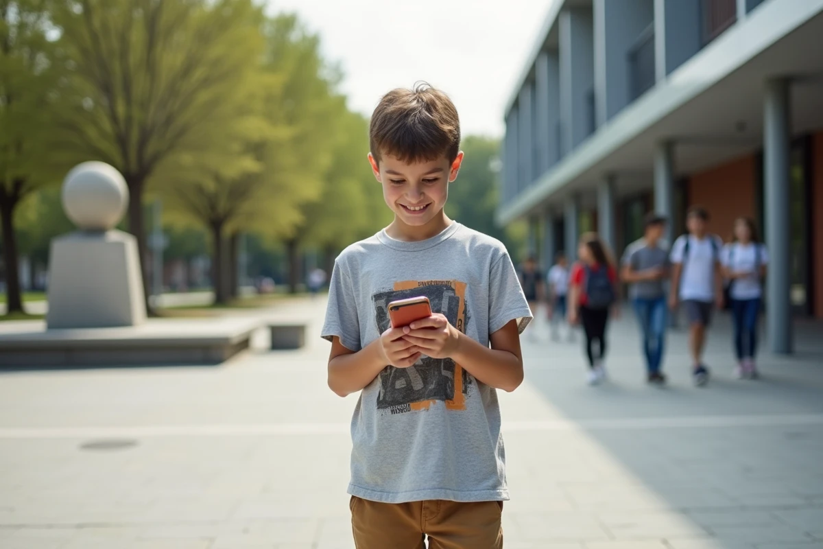 Adolescent avec smartphone dans une cour d