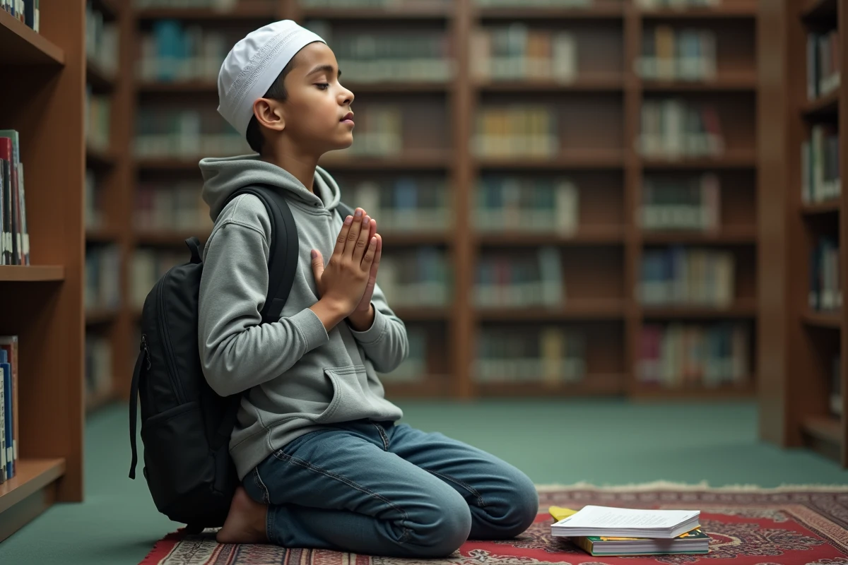 Adolescent musulman en prière sur un tapis dans une bibliothèque scolaire avant un examen