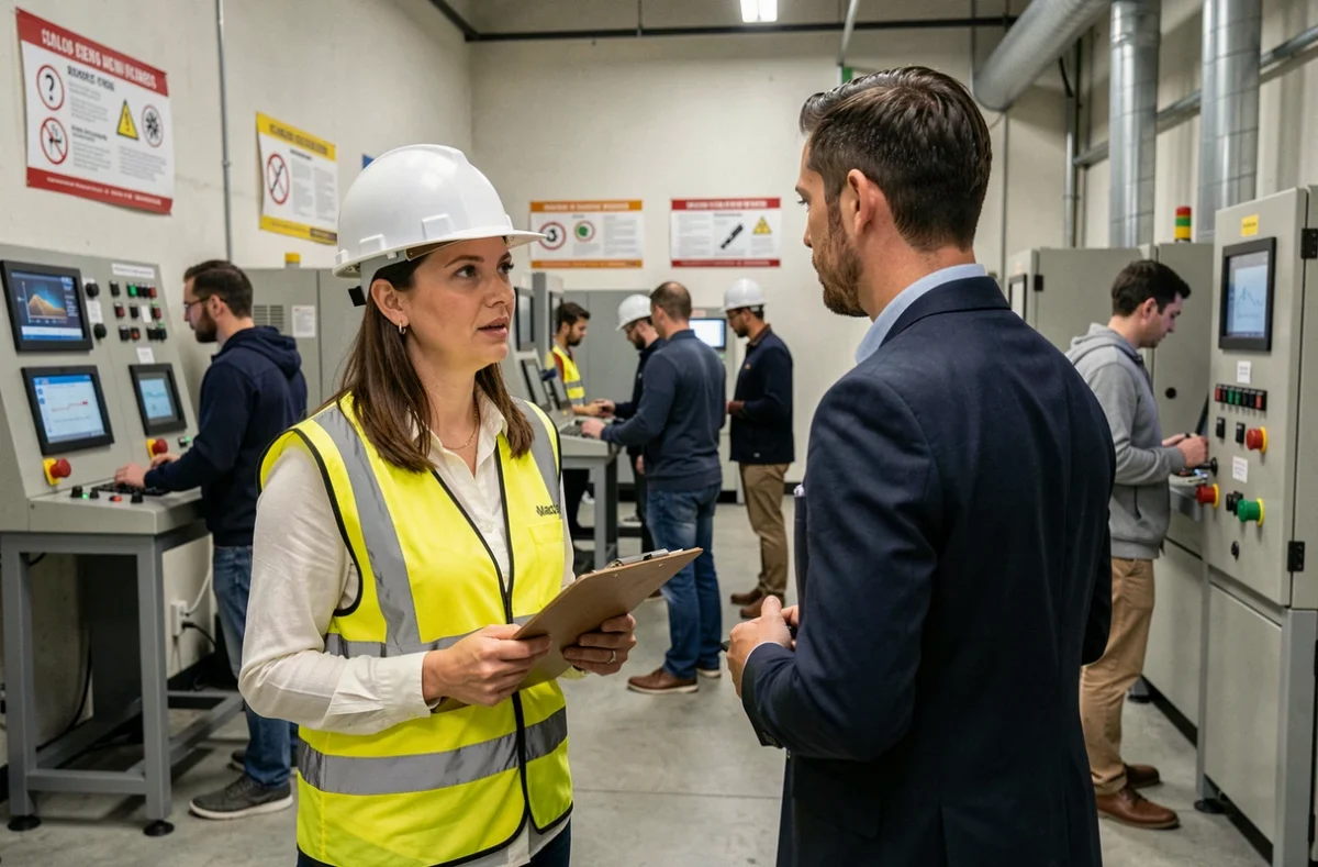Femme en formation professionnelle à l'AFPA Hauts-de-France portant un gilet de sécurité dans un atelier de reconversion
