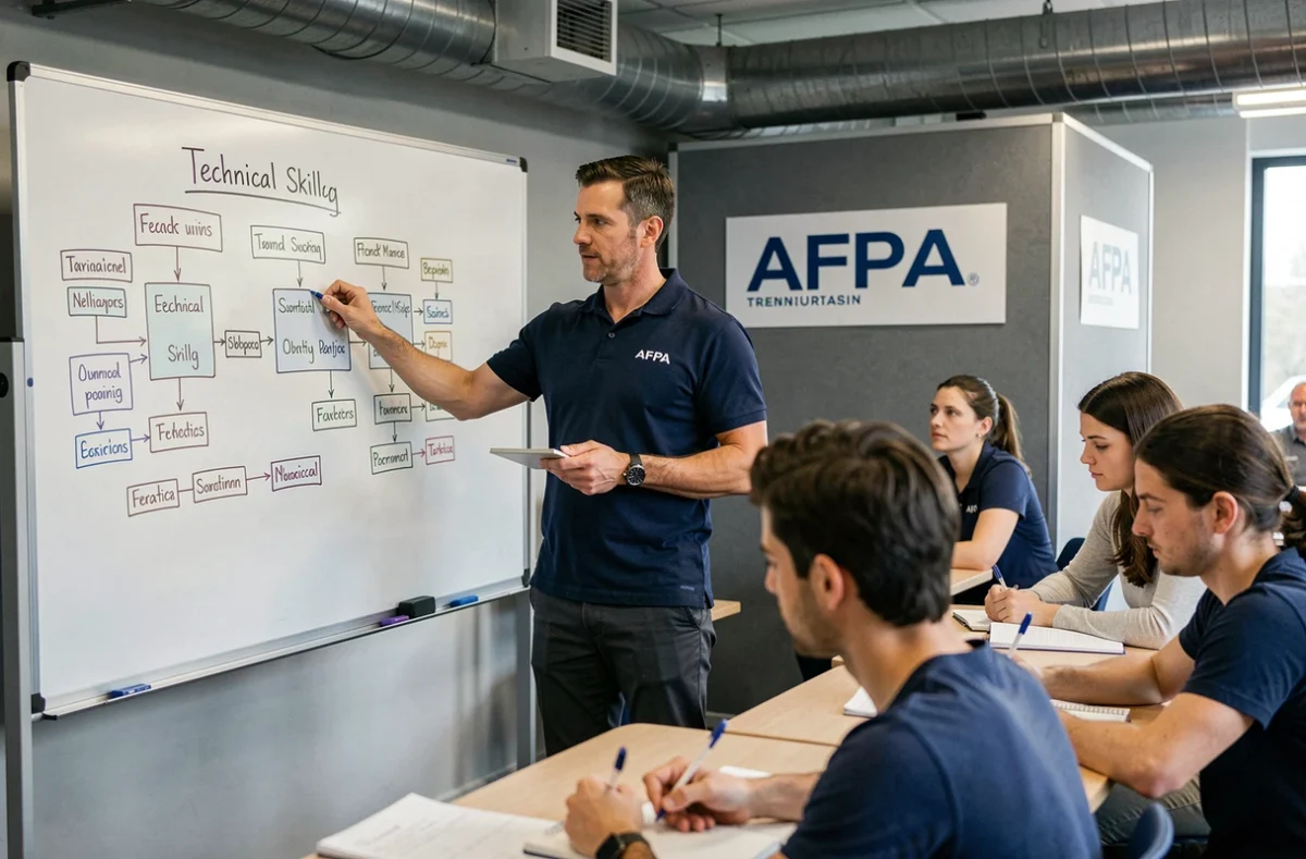 Formateur de l'AFPA Nouvelle-Aquitaine animant une session de formation professionnelle devant des apprenants adultes