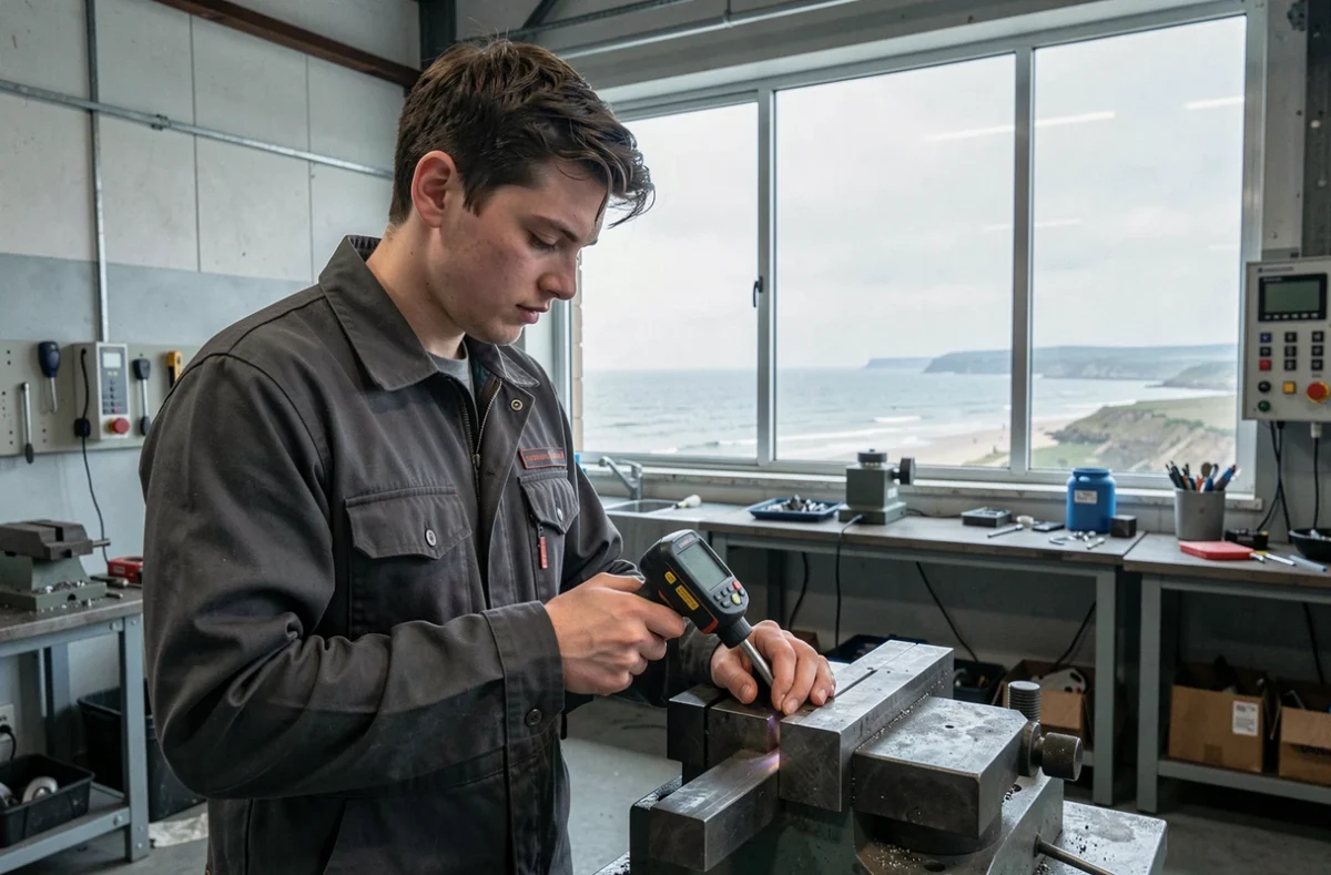 Jeune apprenti utilisant un instrument de mesure dans l'atelier du centre AFPI Alternance de Boulogne-sur-Mer