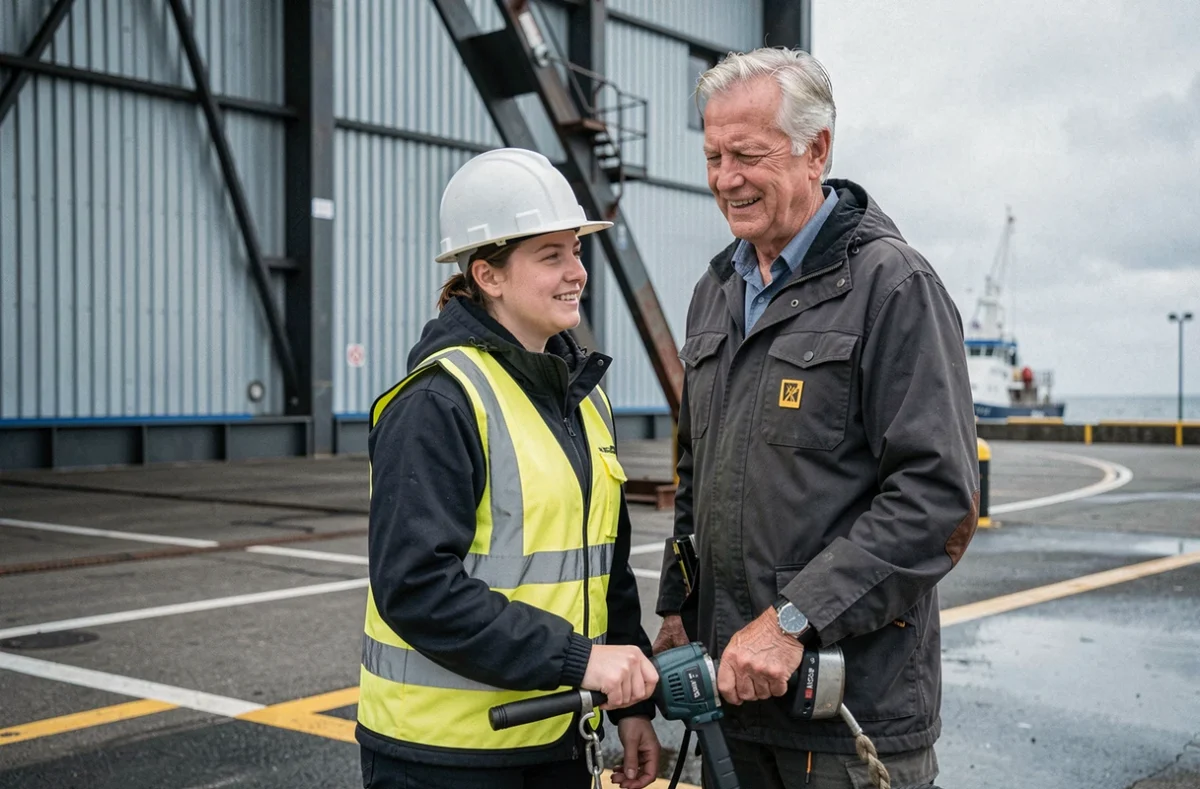 Apprentie en formation industrielle avec un formateur au centre AFPI Alternance de Dunkerque, bassin portuaire