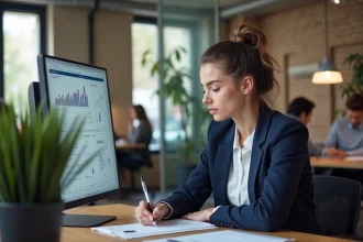 Jeune alternante en marketing digital travaillant sur des tableaux de bord analytiques dans une agence parisienne moderne