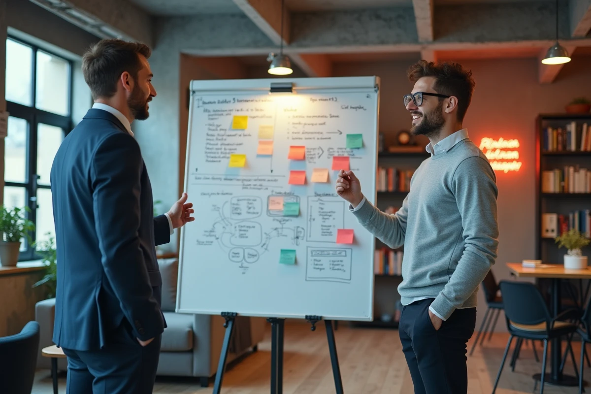 Alternant en marketing digital échangeant avec son tuteur devant un tableau de stratégie dans un espace de coworking parisien