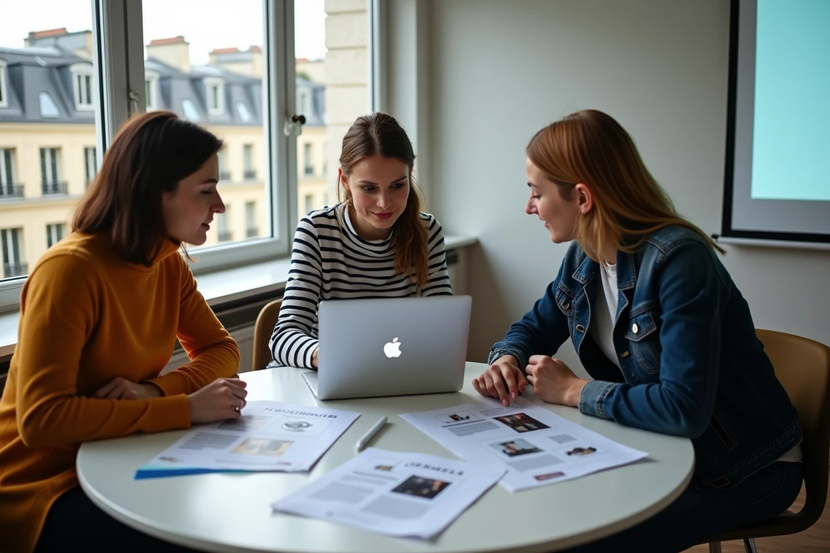 Groupe d'étudiants en alternance marketing digital collaborant sur une campagne digitale dans une école parisienne avec vue sur les toits