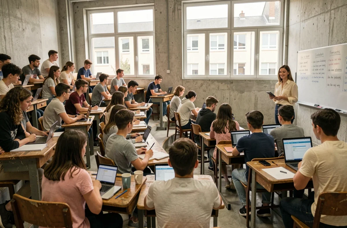 Amphithéâtre scolaire bondé dans un grand lycée français avec une enseignante face à de nombreux élèves attentifs