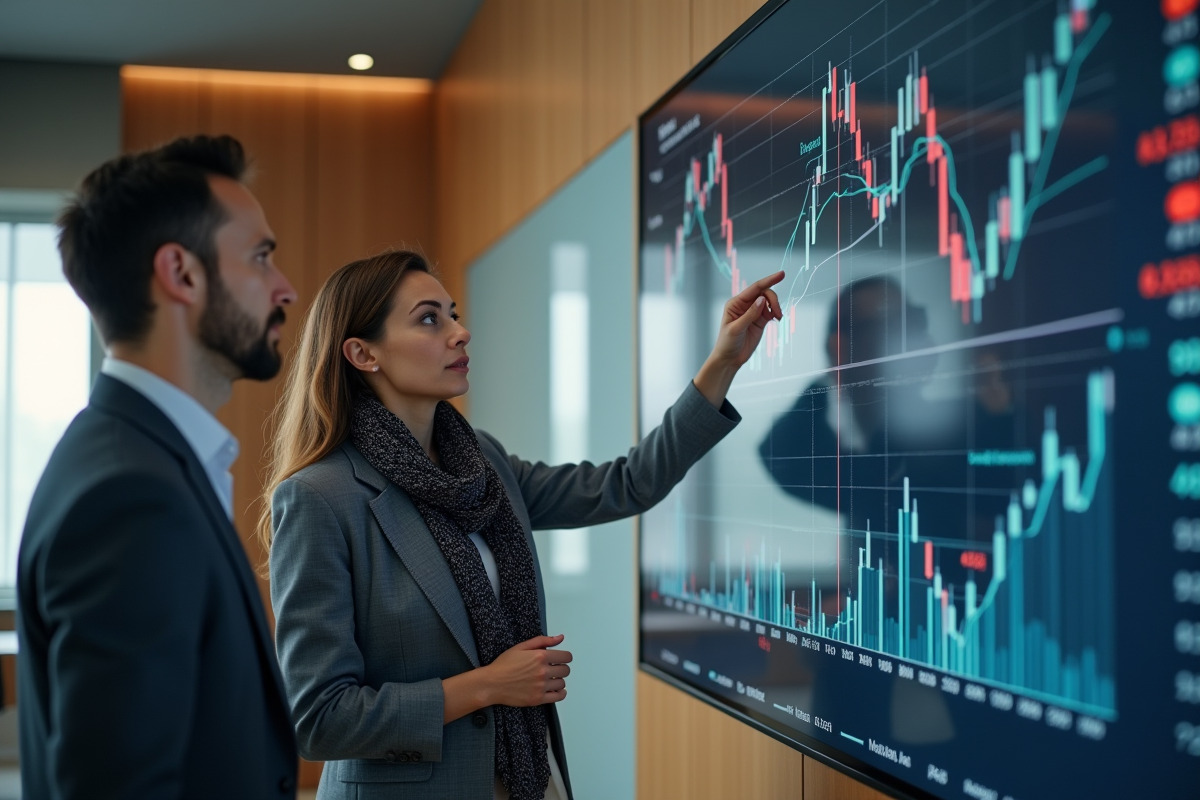 Analyste financière expliquant graphique dans salle de réunion