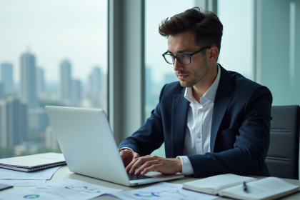Jeune analyste homme au bureau avec ordinateur et ville en arrière-plan
