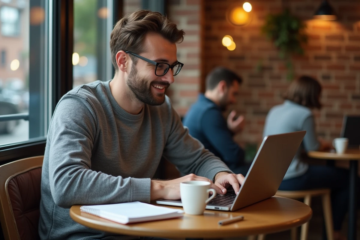 Homme étudiant la conjugaison des verbes irréguliers espagnols sur un ordinateur portable dans un café