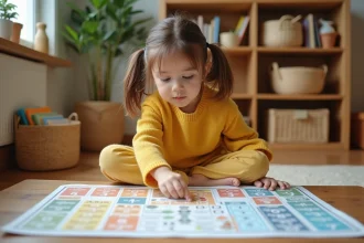 Jeune fille apprenant la table de multiplication Montessori sur un poster coloré posé au sol dans un coin pédagogique en bois