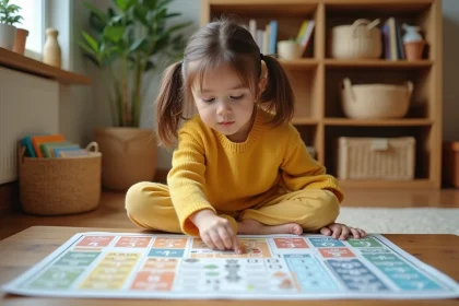 Jeune fille apprenant la table de multiplication Montessori sur un poster coloré posé au sol dans un coin pédagogique en bois