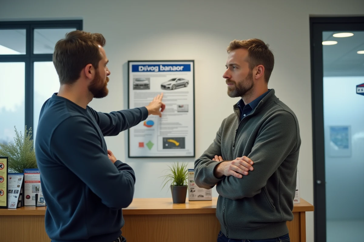 Deux hommes dans une auto-école discutant des conditions du permis B pour conduire un 125cc devant une affiche réglementaire