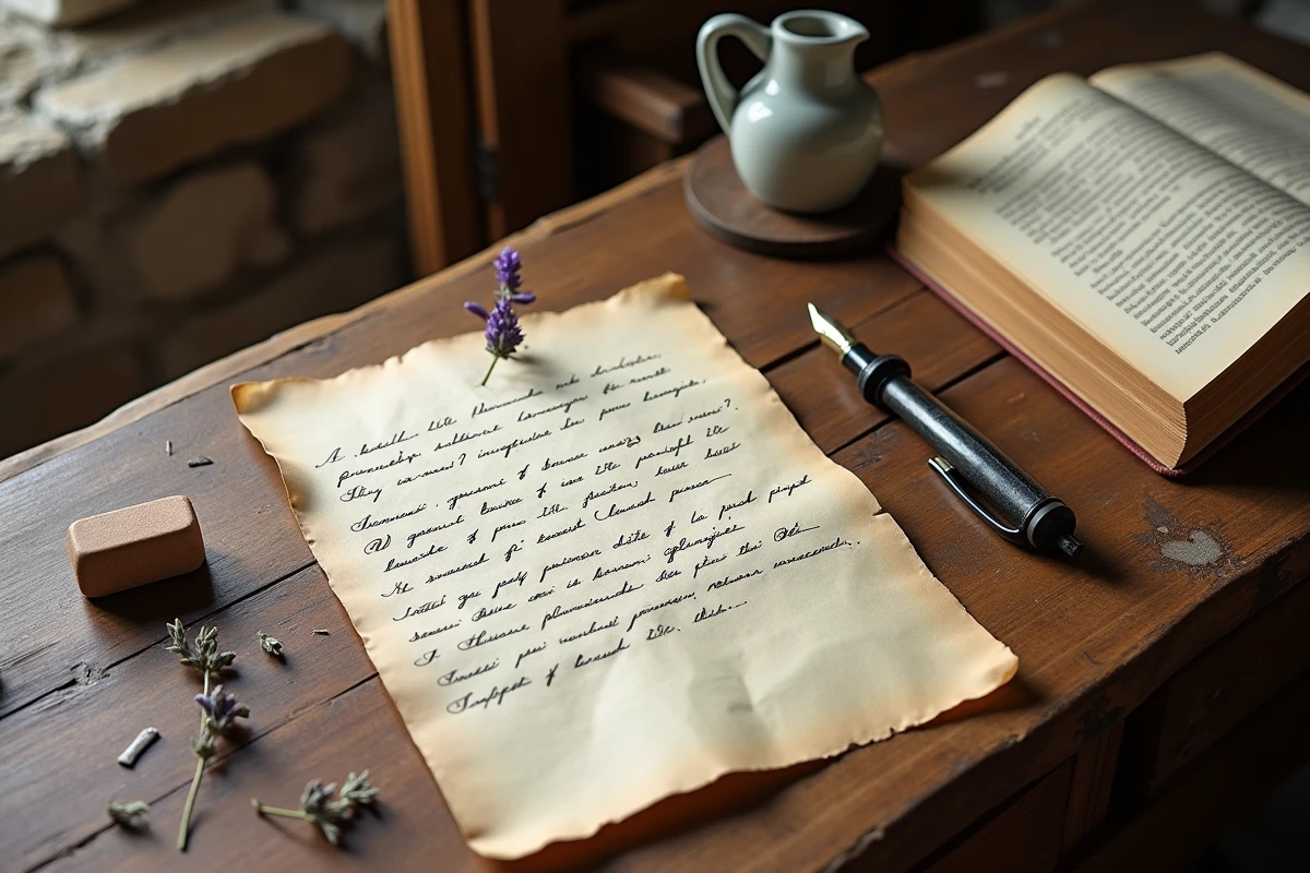 Vue en plongée d'un bureau d'écrivain avec un manuscrit poétique manuscrit montrant des strophes et la structure d'un sonnet