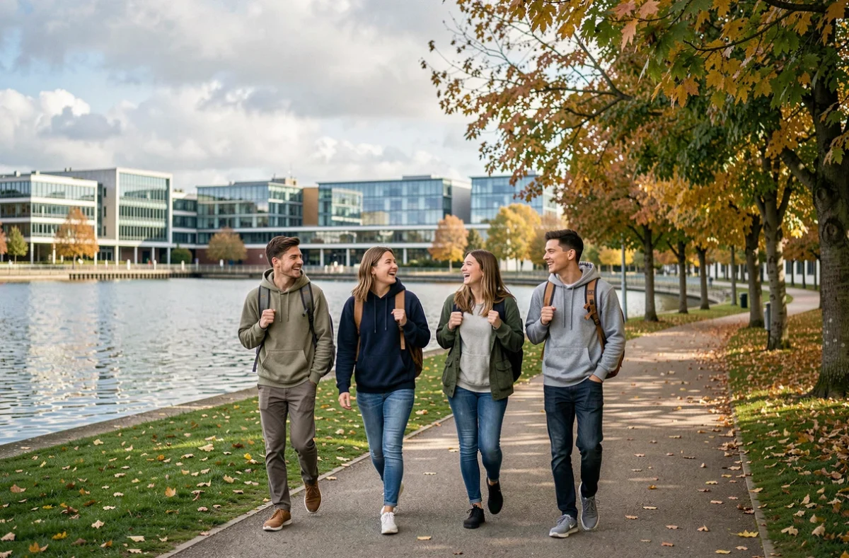 Étudiants marchant sur le campus du Campus du Lac à Bordeaux avec le lac et les bâtiments modernes en arrière-plan