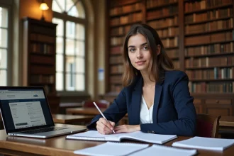 Étudiante consultant les conditions de candidature à la Sorbonne Nouvelle 2026 dans une bibliothèque universitaire