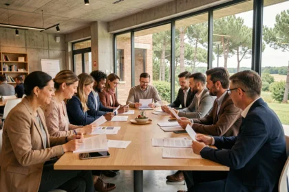 Groupe d'apprenants adultes réunis dans un centre de formation en Nouvelle-Aquitaine, discutant autour d'une table avec un formateur