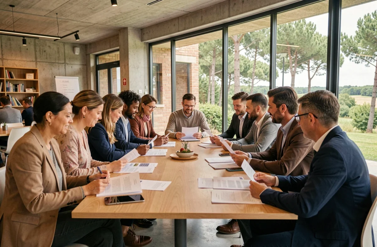 Groupe d'apprenants adultes réunis dans un centre de formation en Nouvelle-Aquitaine, discutant autour d'une table avec un formateur