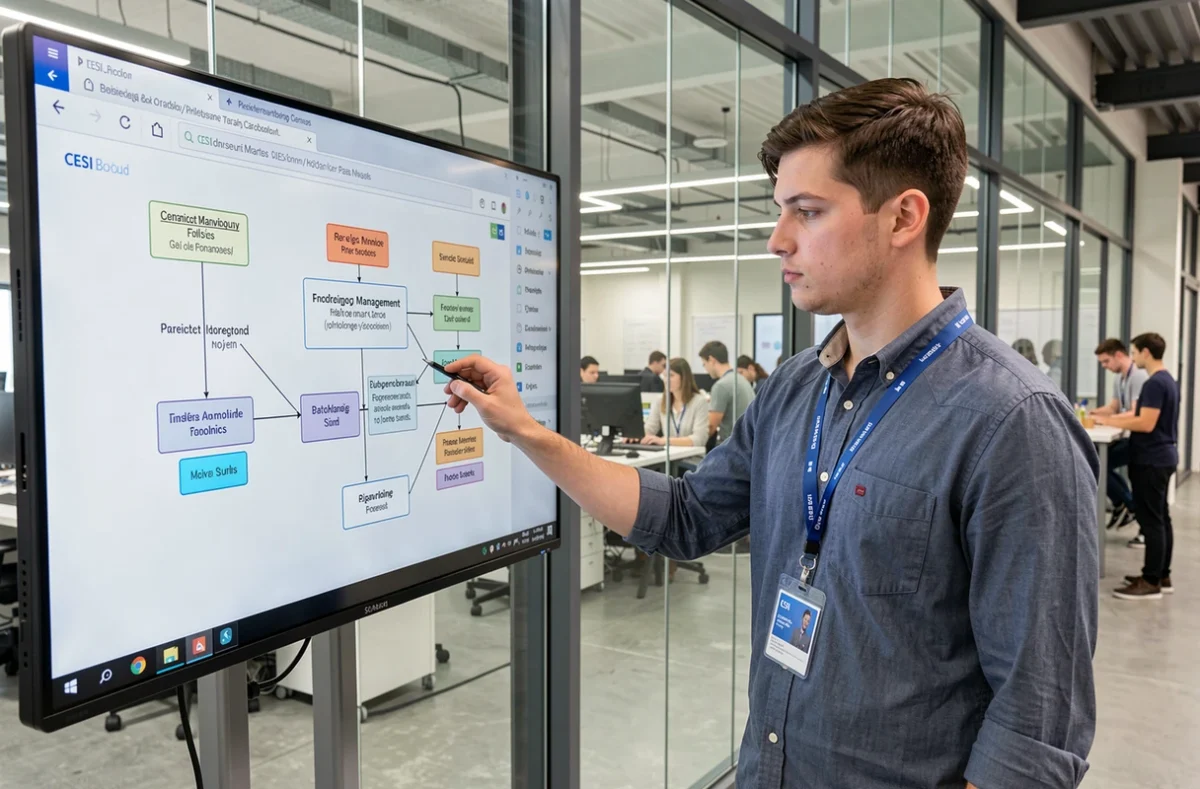 Étudiant ingénieur du CESI Bordeaux interagissant avec un écran tactile de gestion de projet sur le campus