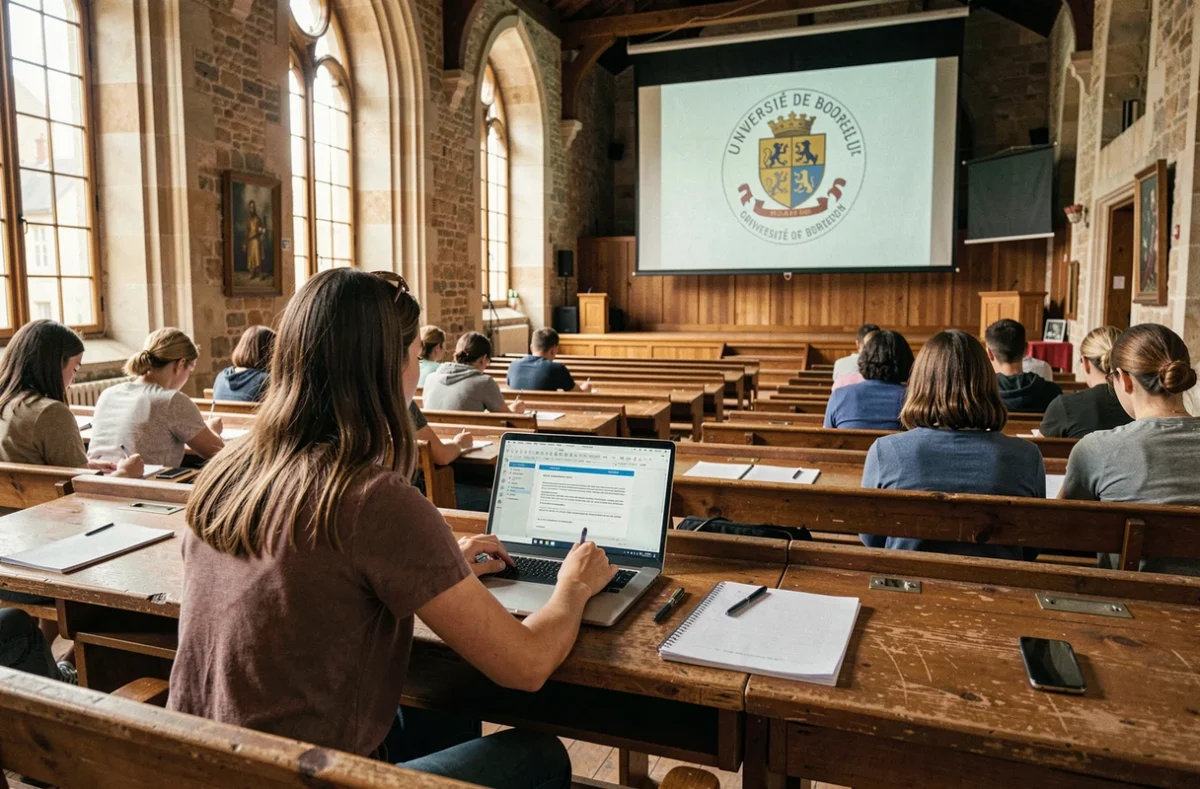 Apprentie du CFA de l'Université de Bordeaux travaillant sur son contrat d'apprentissage dans un amphithéâtre historique