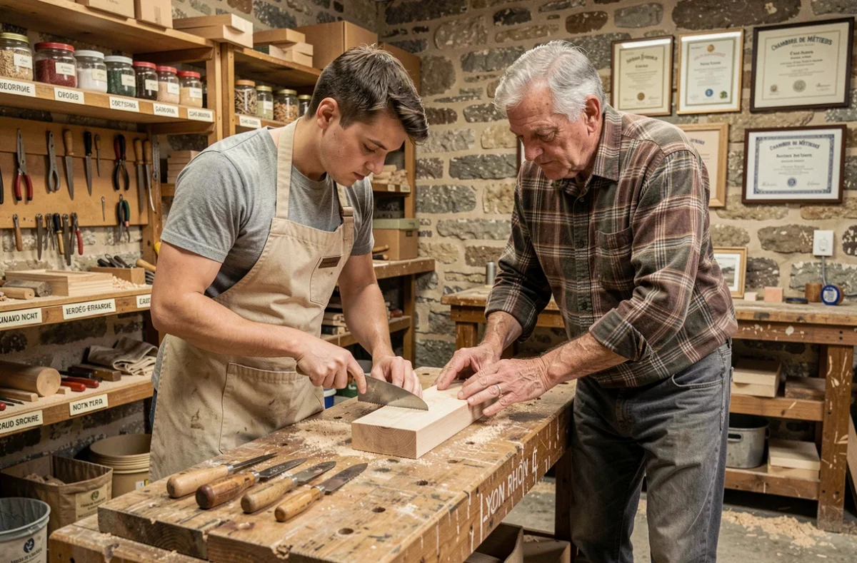 Apprenti et maître artisan travaillant ensemble à la Chambre de Métiers et de l'Artisanat Lyon-Rhône