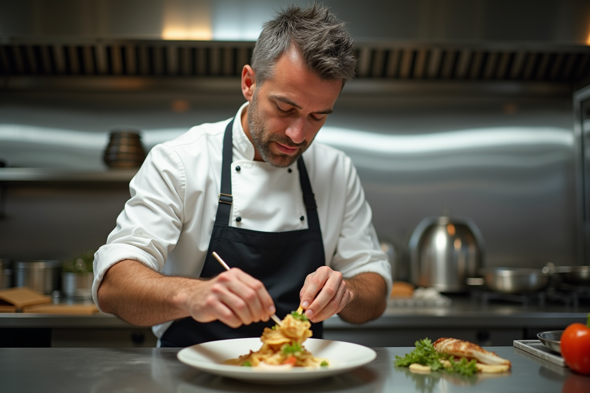 Chef en cuisine préparant un plat gourmet avec concentration
