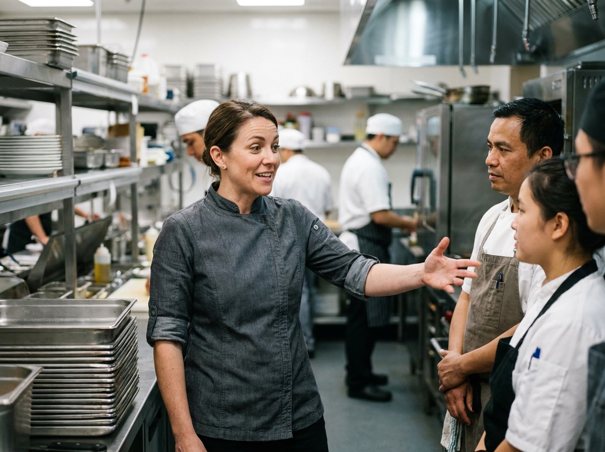 Femme chef en cuisine moderne et professionnelle