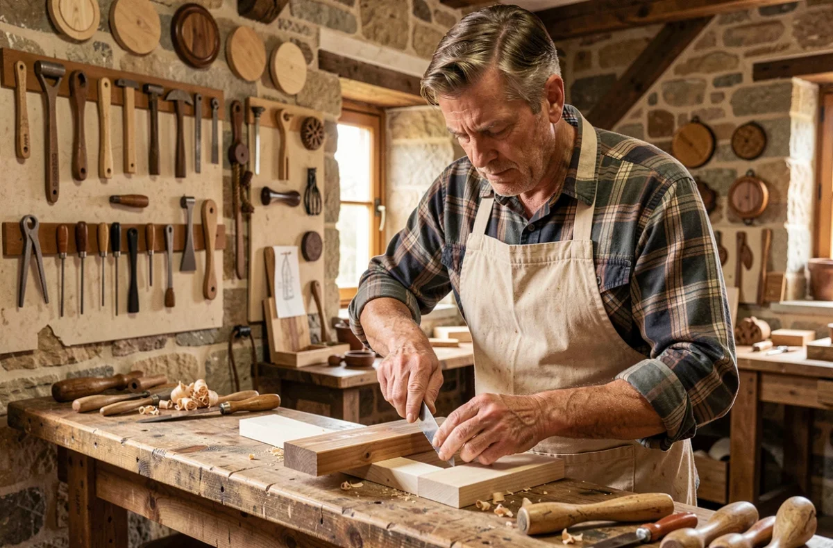 Artisan en tablier façonnant du bois dans un atelier de formation CMA Hauts-de-France