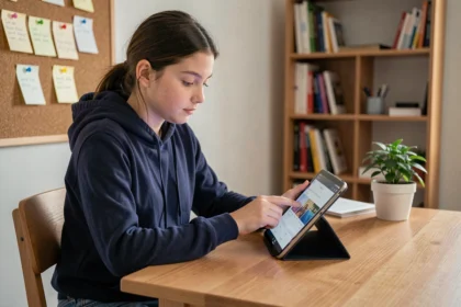 Collégienne consultant son emploi du temps sur la plateforme Edu Normandie depuis sa chambre