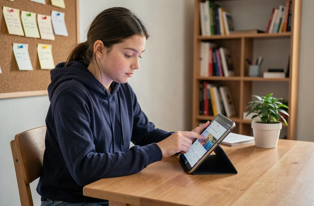 Collégienne consultant son emploi du temps sur la plateforme Edu Normandie depuis sa chambre