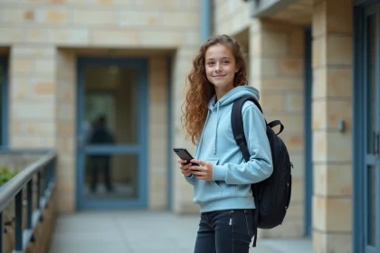 Collégienne consultant l'application NÉO Yvelines sur son smartphone devant l'entrée de son établissement scolaire à la rentrée 2026