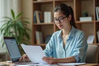 Jeune femme comparant les tarifs de stage Chaquevolantcompte sur son ordinateur portable à domicile