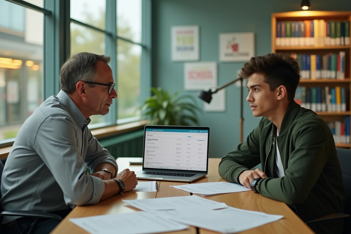 Conseiller d'orientation discutant avec un lycéen des options scolaires dans un bureau de lycée
