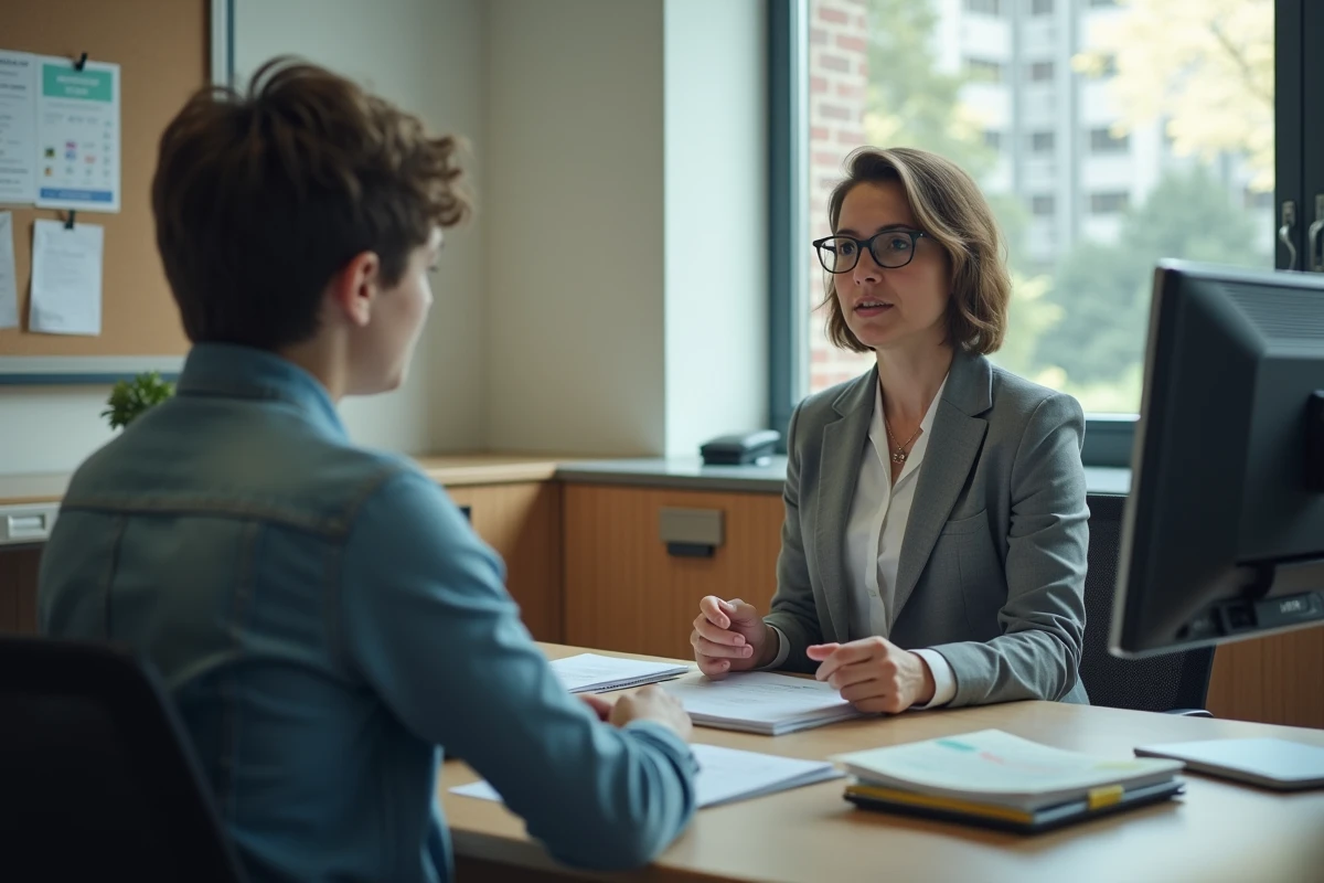 Conseillère pédagogique de l'université Artois guidant un étudiant dans la recherche de stages sur l'ENT au bureau administratif