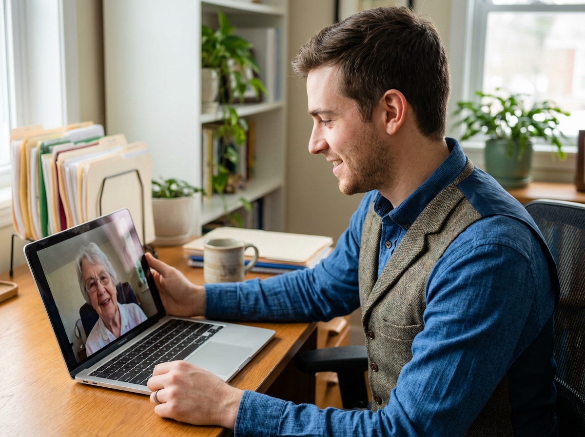 Therapeute en ligne avec une patiente agee sur ecran