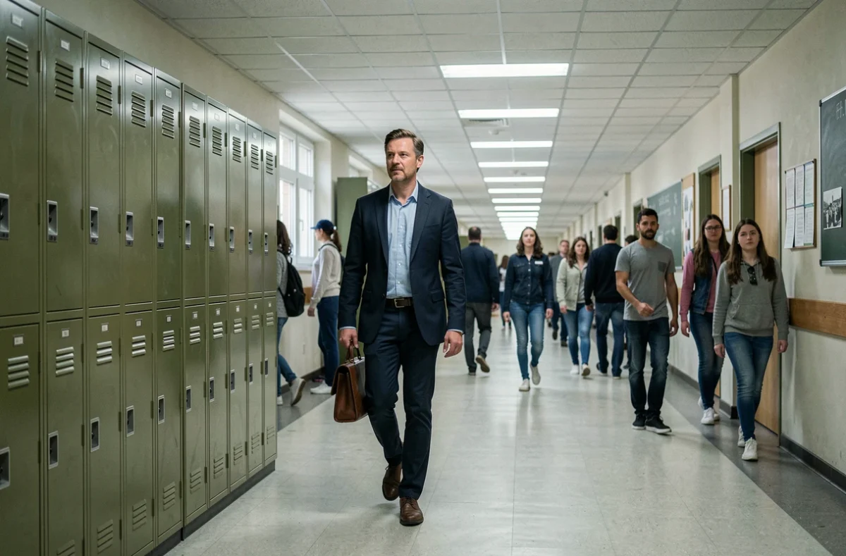 Couloir interminable d'un grand lycée français avec un enseignant et des élèves circulant entre les salles de classe