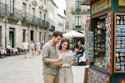 Jeune couple souriant devant un kiosque à souvenirs en ville
