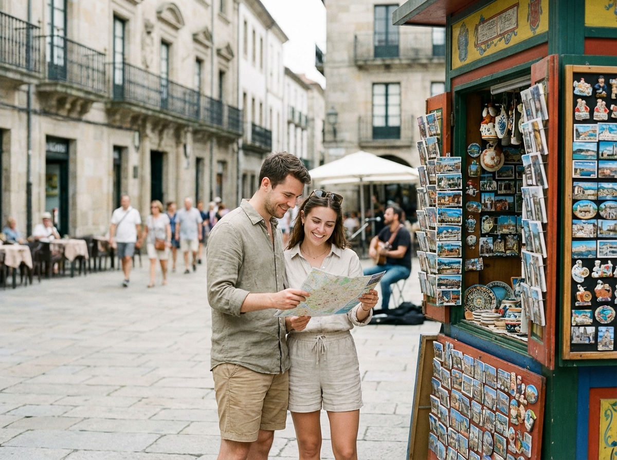 Jeune couple souriant devant un kiosque à souvenirs en ville
