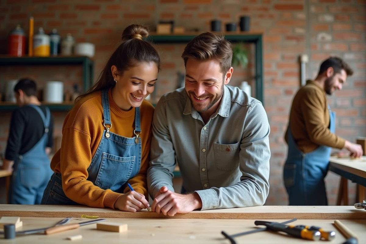 Couple de débutants participant à un cours de bricolage collectif dans un atelier pédagogique