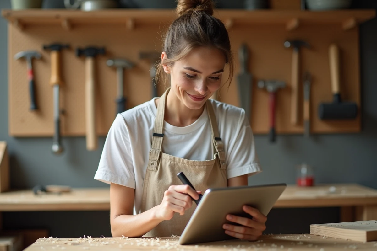 Femme débutante en bricolage suivant un tutoriel sur tablette dans un atelier maison organisé
