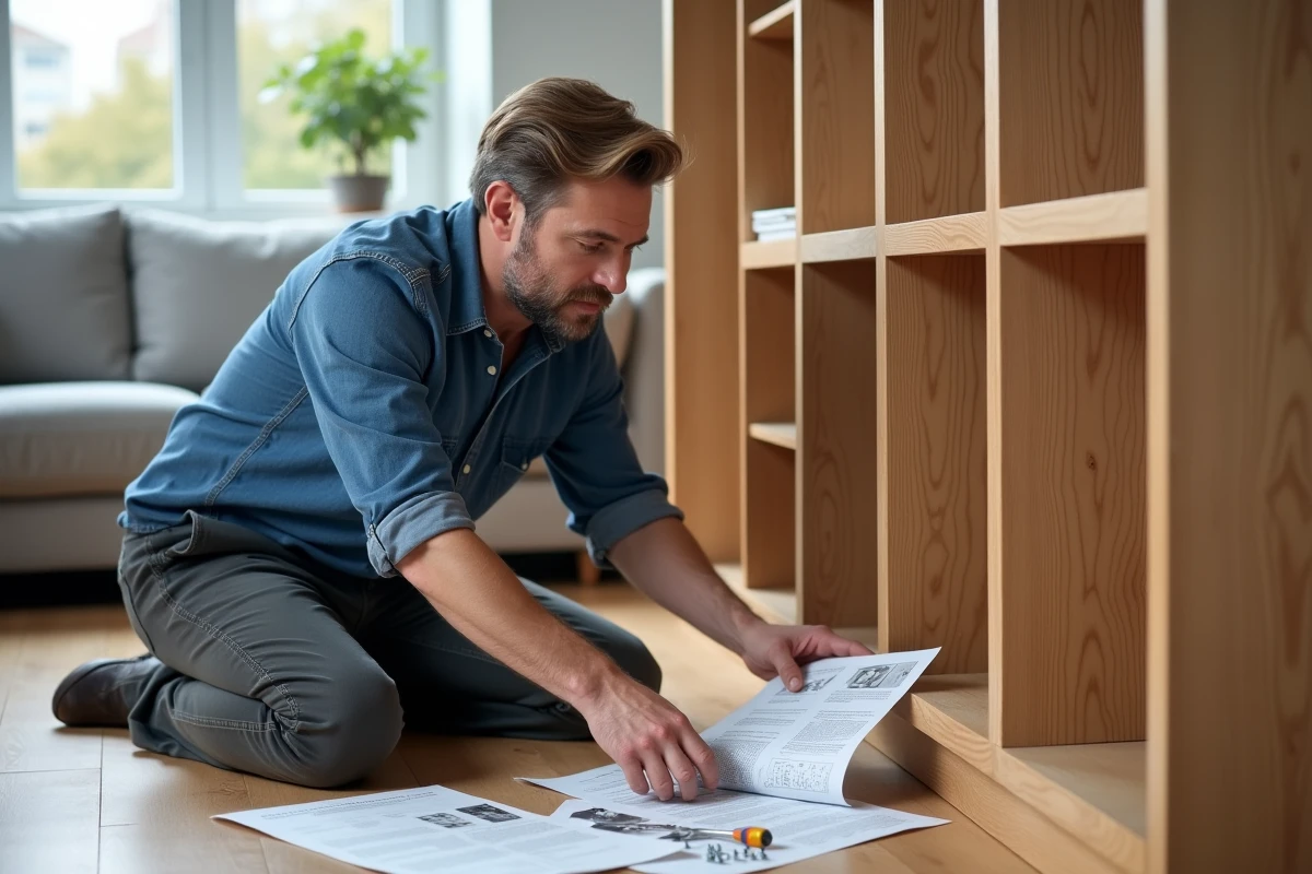 Homme adulte débutant assemblant un meuble en kit dans son salon avec un guide d'instructions papier