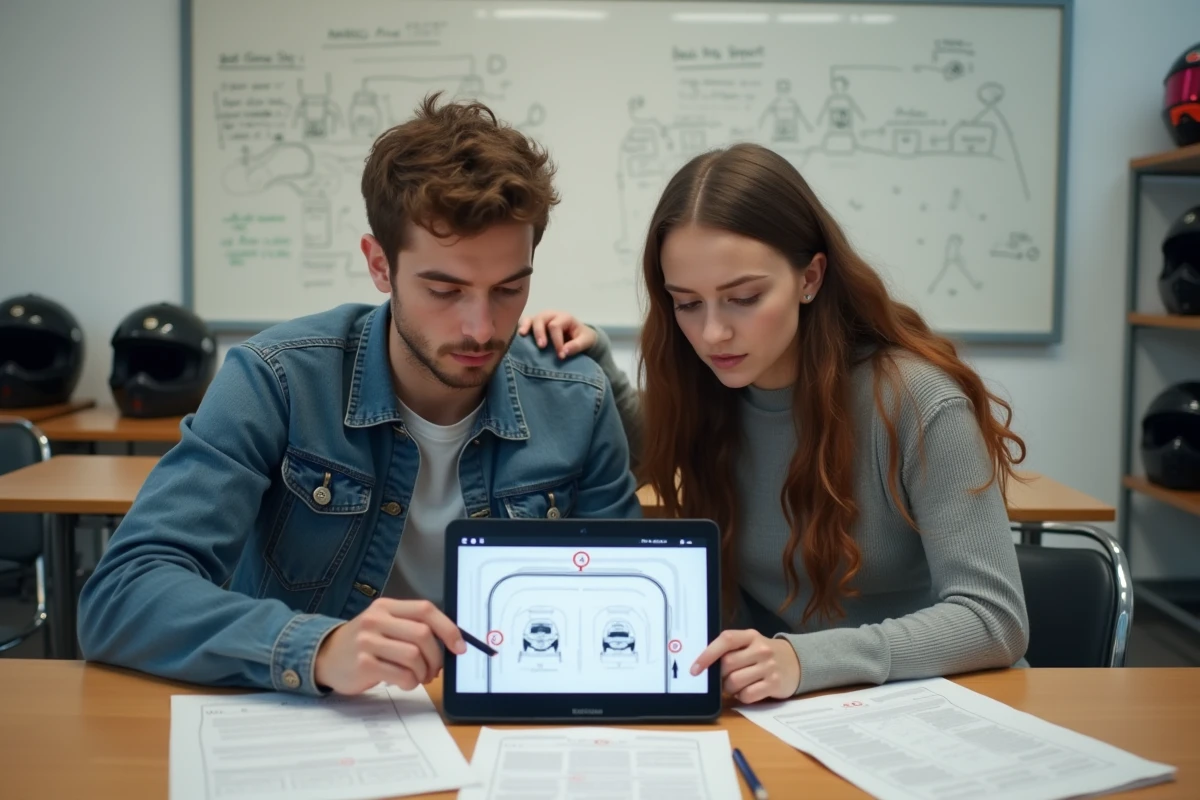 Deux jeunes étudiants en cours théorique de code moto dans une salle de formation pour le permis A2