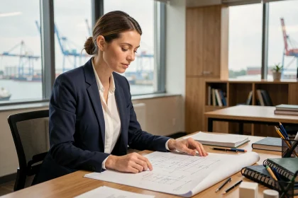 Une professionnelle diplômée du Cnam Saint-Nazaire consulte des plans techniques dans un bureau moderne avec vue sur le port industriel