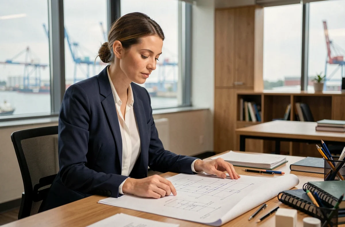 Une professionnelle diplômée du Cnam Saint-Nazaire consulte des plans techniques dans un bureau moderne avec vue sur le port industriel