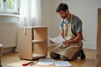 Un homme débutant en bricolage relisant les instructions face à une étagère mal assemblée, erreurs courantes en bricolage