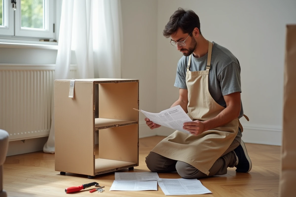 Un homme débutant en bricolage relisant les instructions face à une étagère mal assemblée, erreurs courantes en bricolage