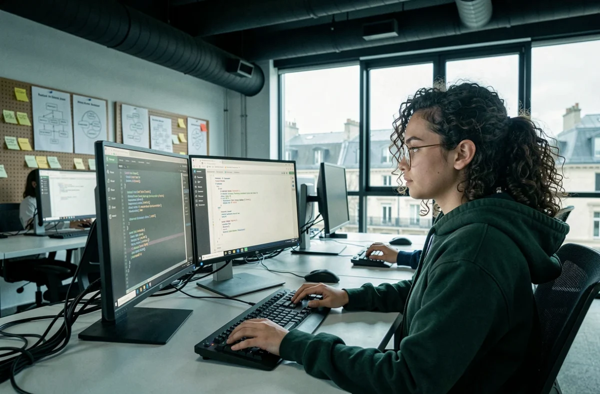 Développeuse web en formation chez Devictio Lyon travaillant sur du code dans un espace tech moderne