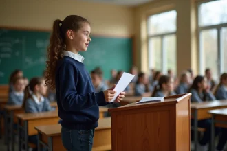 Jeune déléguée de collège prenant la parole devant ses camarades de classe lors d'une élection de délégué