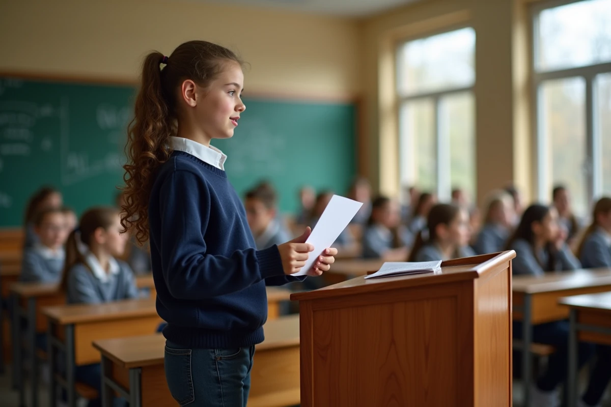Jeune déléguée de collège prenant la parole devant ses camarades de classe lors d'une élection de délégué