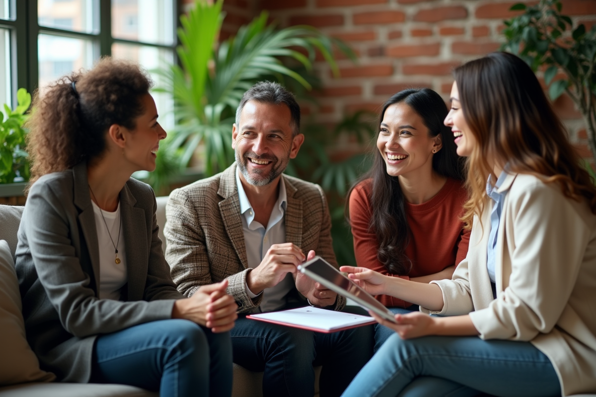 Groupe divers de managers en discussion dans un espace lounge
