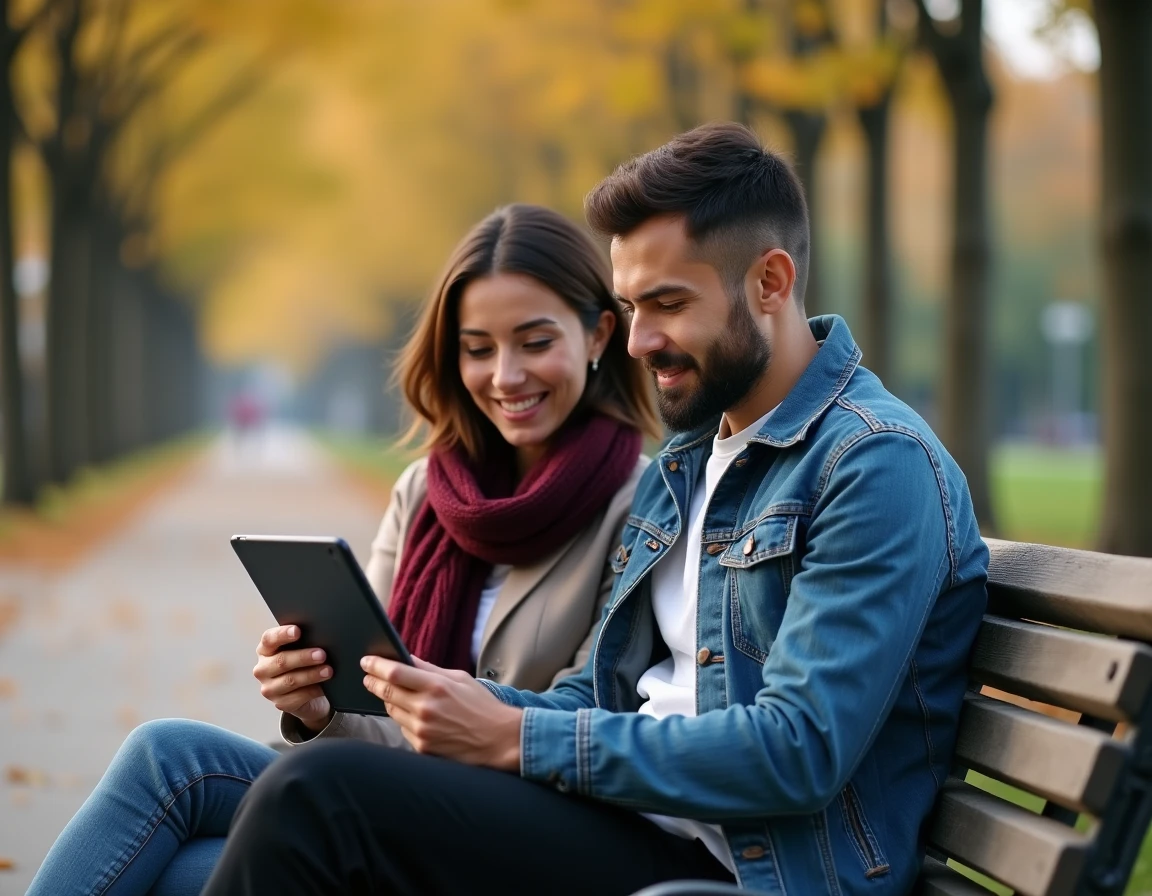 Deux personnes comparant les abonnements gratuit et payant de l'application Tandem sur une tablette dans un parc, discutant du passage à la version premium en 2026